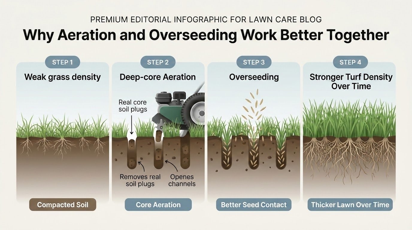 Step-by-step infographic showing how deep-core aeration and overseeding improve compacted soil, seed contact, and lawn density over time.