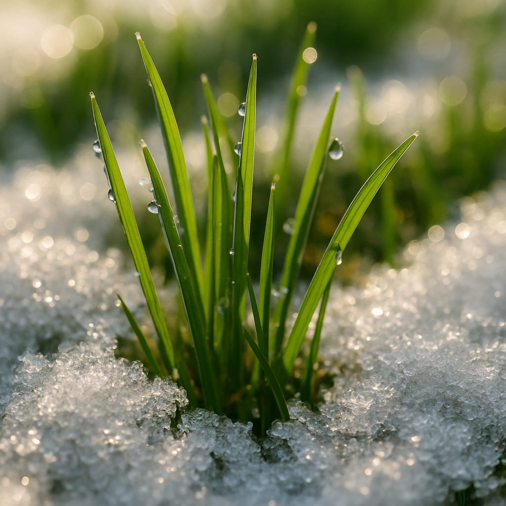 Green grass sprouting through the melting snow in spring