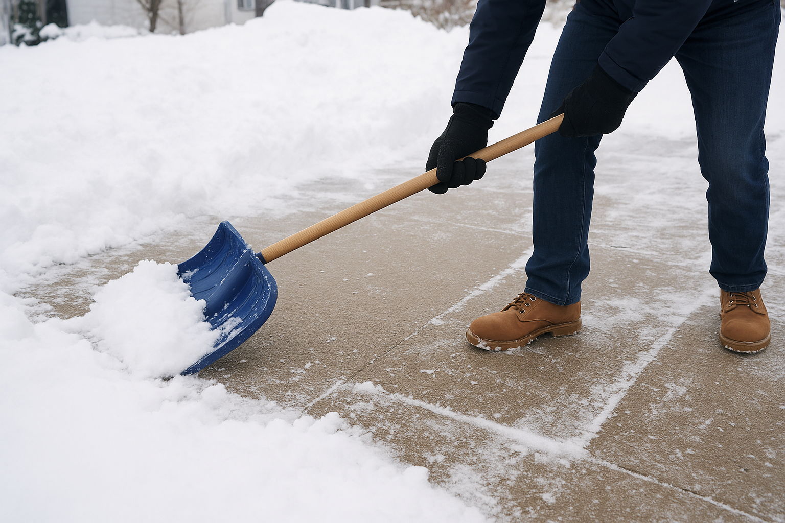 Someone clearing snow with a plastic shovel