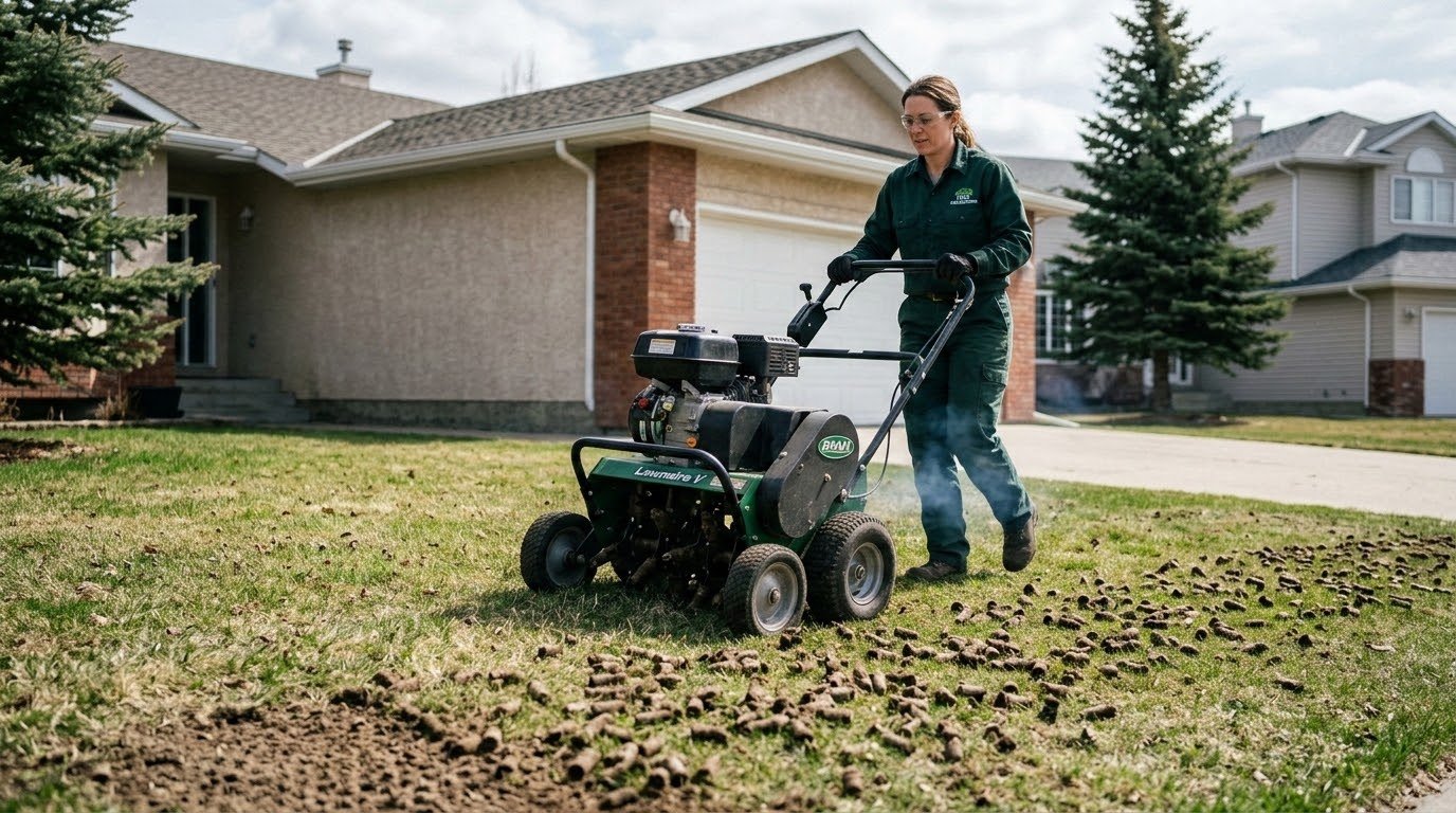 Lawn care technician using a deep-core aerator on a compacted Edmonton lawn in spring, with visible soil plugs behind the machine.