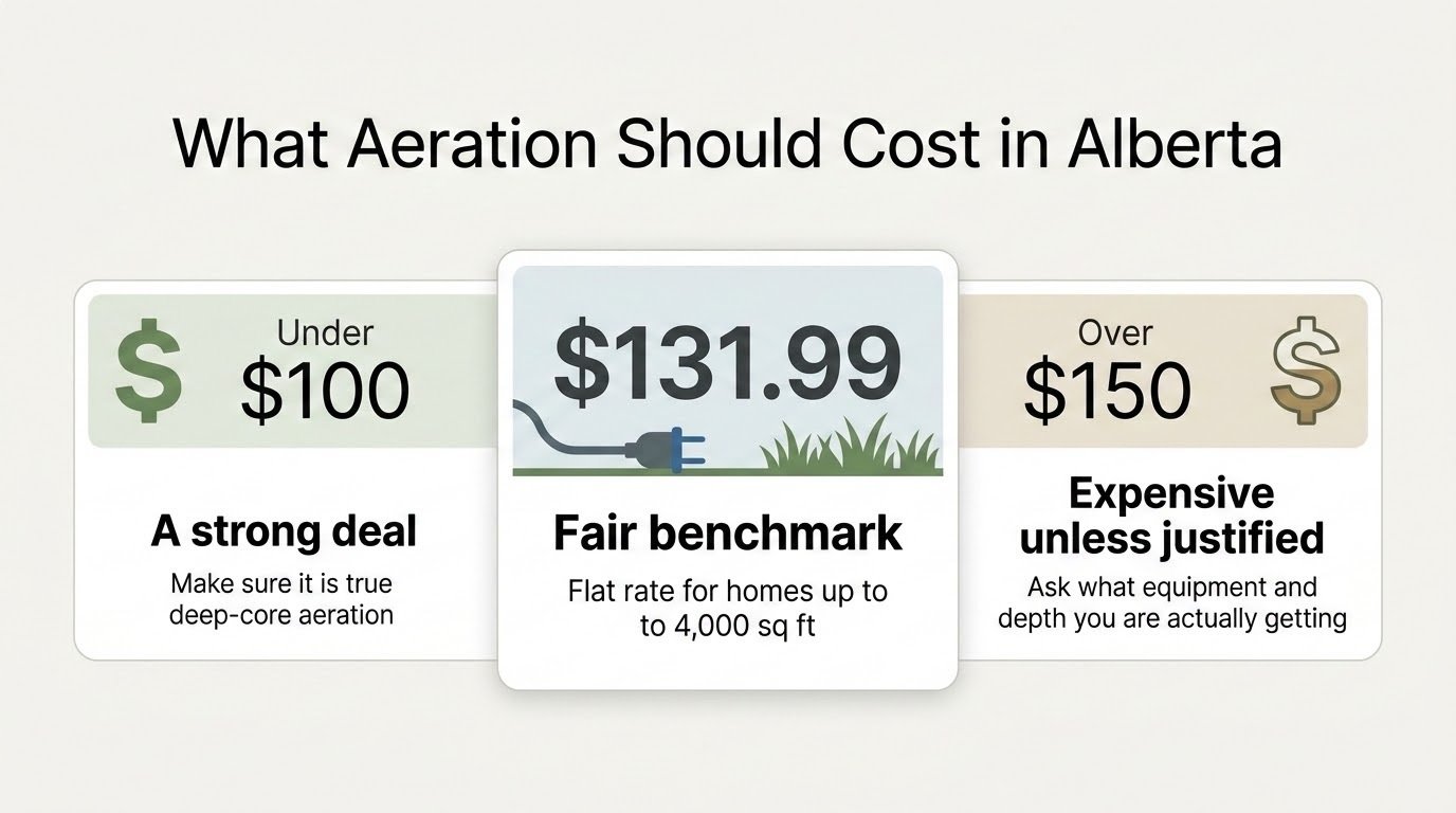 What lawn aeration should cost in Alberta infographic with a fair flat-rate benchmark of $131.99 for homes up to 4,000 square feet.