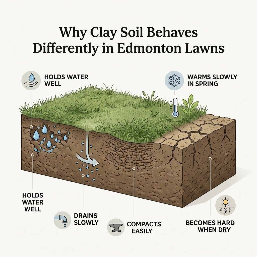 Clay soil infographic for Edmonton lawns showing slow drainage, easy compaction, slow spring warm-up, and hard dry soil conditions.