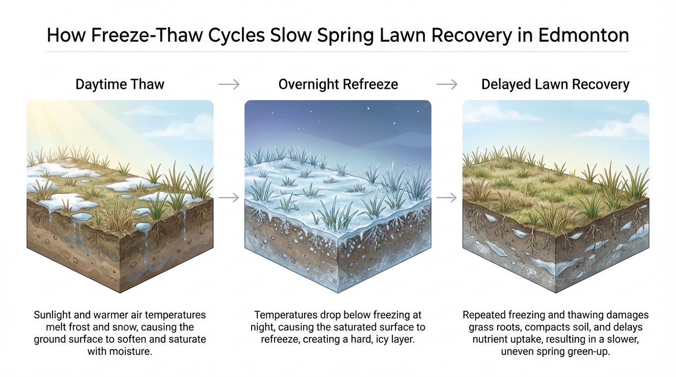 Infographic showing how freeze-thaw cycles slow spring lawn recovery in Edmonton through daytime thaw, overnight refreeze, and delayed green-up.