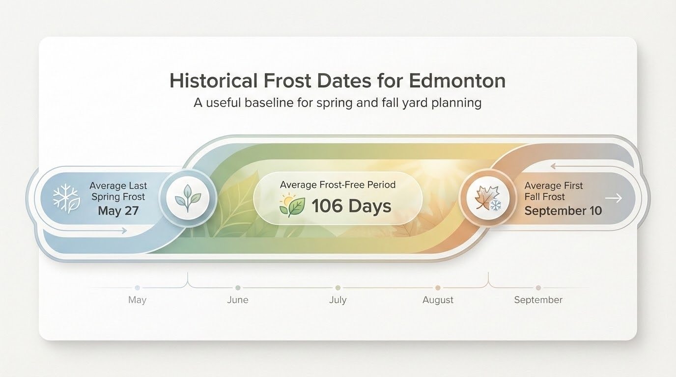 Infographic timeline showing Edmonton’s average last spring frost on May 27, average first fall frost on September 10, and a 106-day average frost-free period.