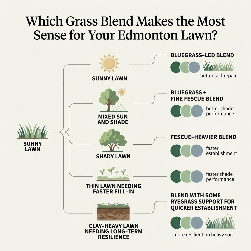 Best grass blend decision guide for Edmonton lawns showing how to choose seed mixes for sunny, shaded, and clay-heavy lawn conditions.