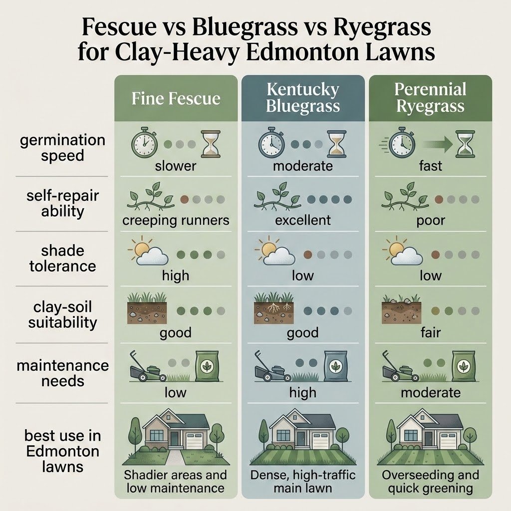 Best grass seed for clay soil in Alberta comparison chart showing fescue vs bluegrass vs ryegrass for Edmonton lawns.