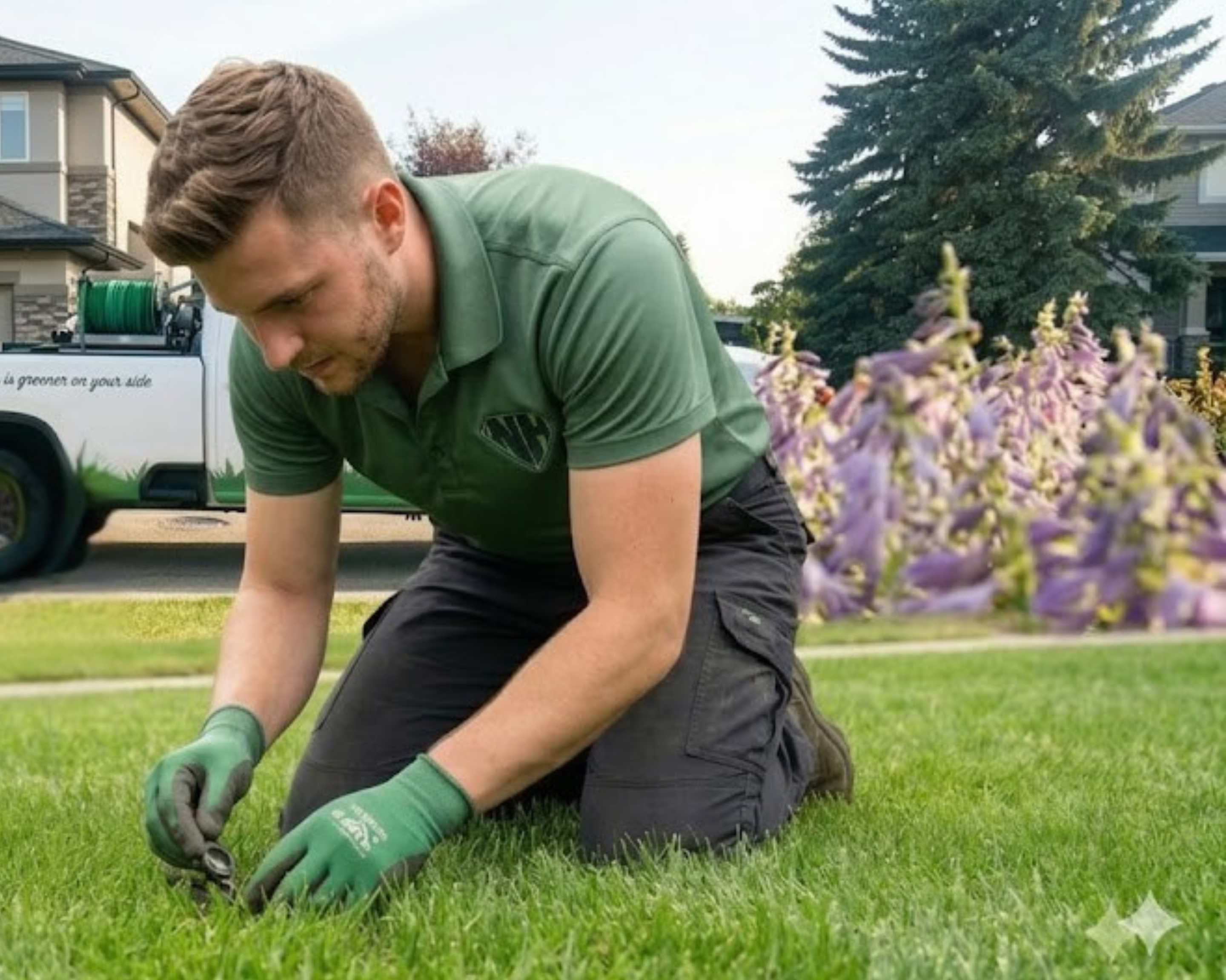 Neighbourhood Heroes employee laying grass seed and inspecting the lawn.