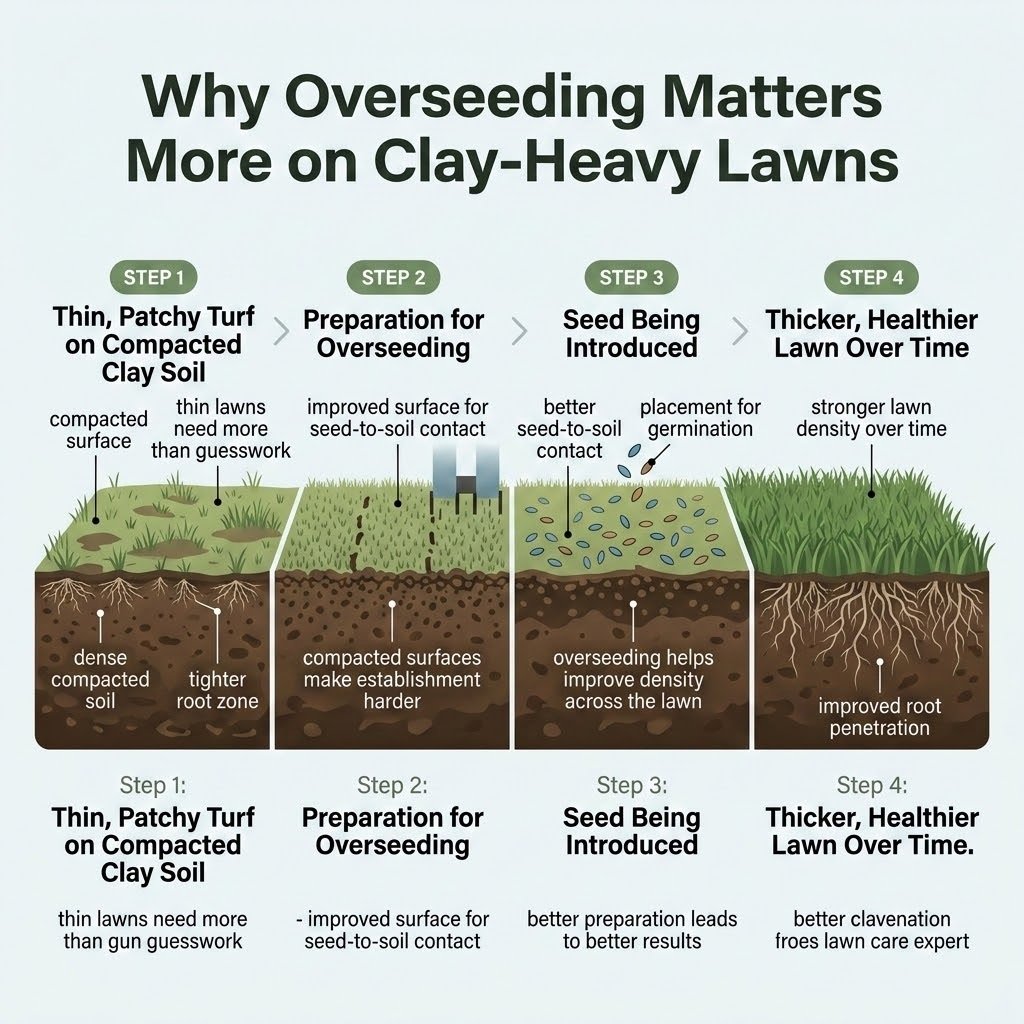 Overseeding infographic showing how proper seed selection and preparation improve thin clay-heavy lawns in Edmonton over time.