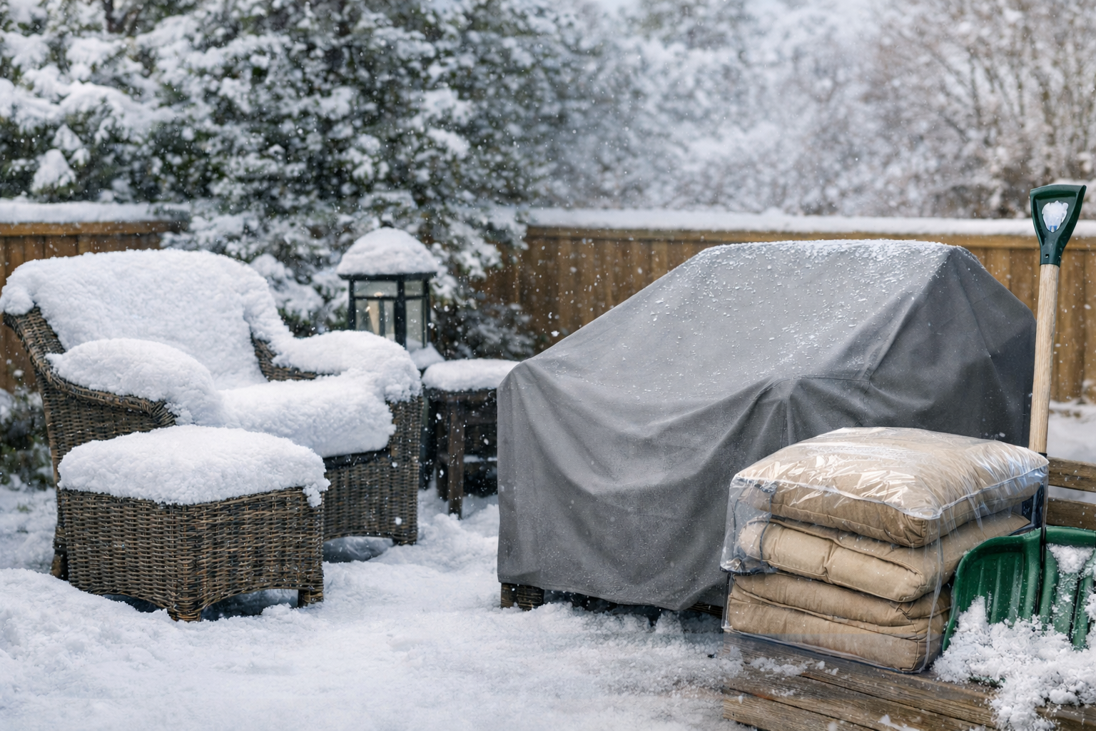 protected furniture covered in winter