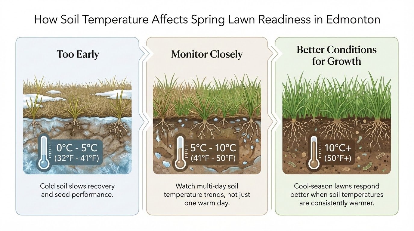 Infographic showing three spring soil temperature stages for Edmonton lawns: too early, monitor closely, and better conditions for growth.