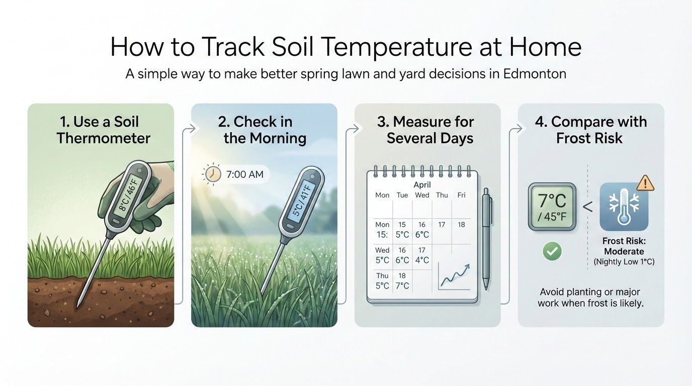 Step-by-step infographic showing how to track soil temperature at home using a soil thermometer, morning readings, multi-day checks, and frost-risk comparison.