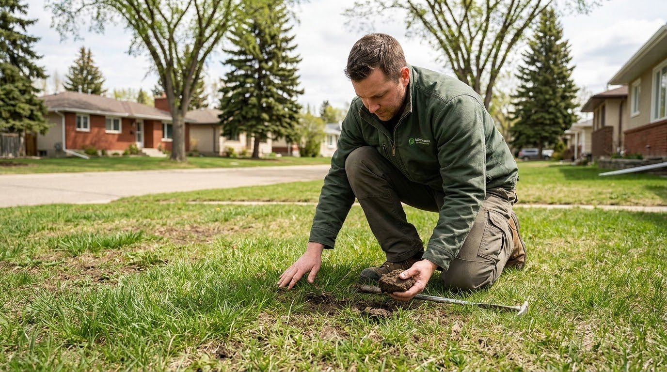 Homeowner checking an Edmonton lawn with clay-heavy soil while assessing the best grass seed choice for better turf density and recovery.