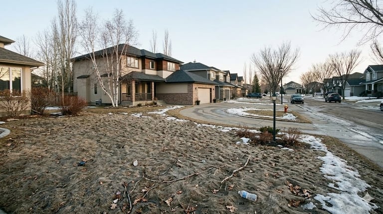 Edmonton lawn, filled with debris recovering in the spring.