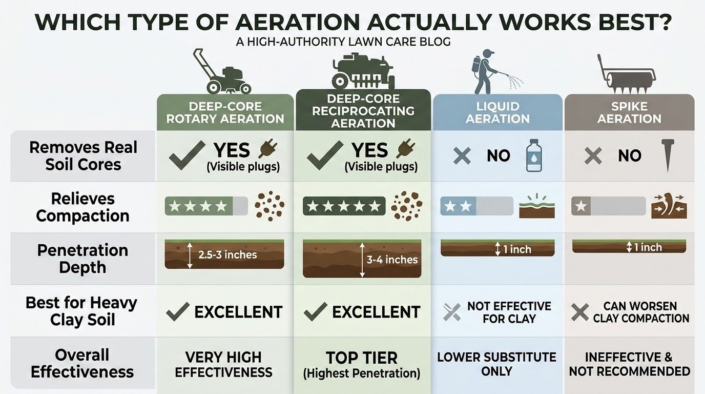 Comparison chart showing deep-core rotary aeration, deep-core reciprocating aeration, liquid aeration, and spike aeration for compacted Alberta lawns.