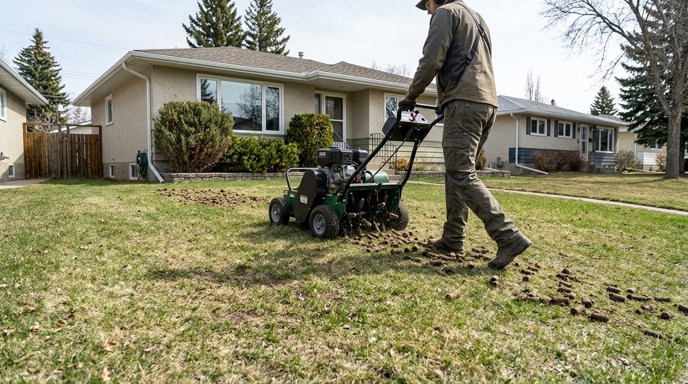 Lawn care technician using a reciprocating deep-core aerator on a compacted Edmonton lawn in spring, with visible soil plugs behind the machine.