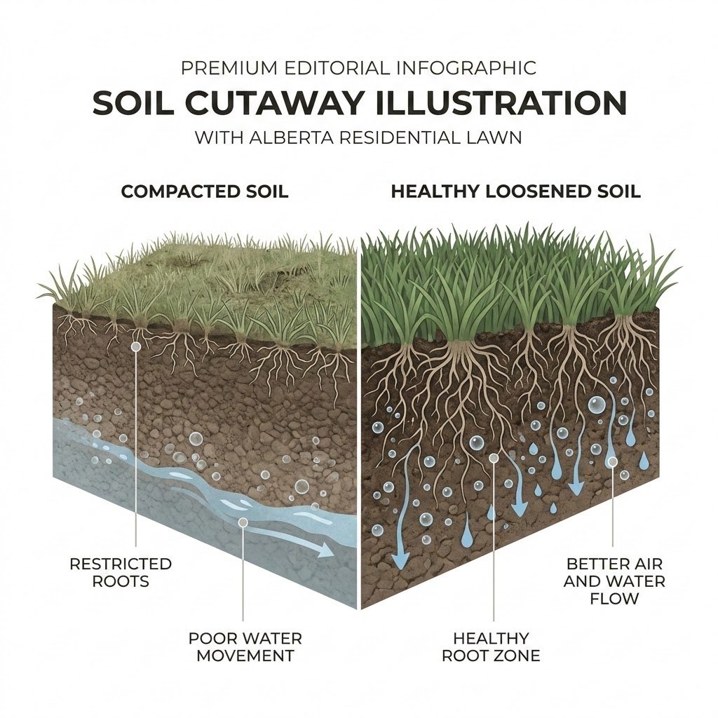 Soil cutaway infographic comparing compacted soil with shallow roots and poor drainage to loosened lawn soil with deeper roots and better airflow.