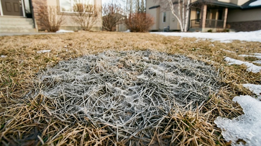 Edmonton lawn suffering from snow mould after winter.