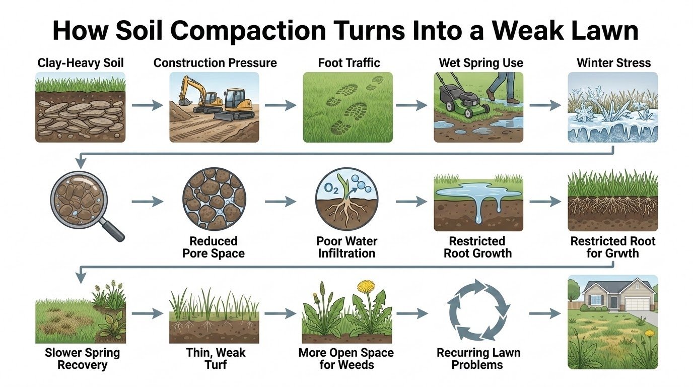Soil compaction infographic showing how heavy clay soil and traffic create weak, thin, slow-recovering Edmonton lawns.
