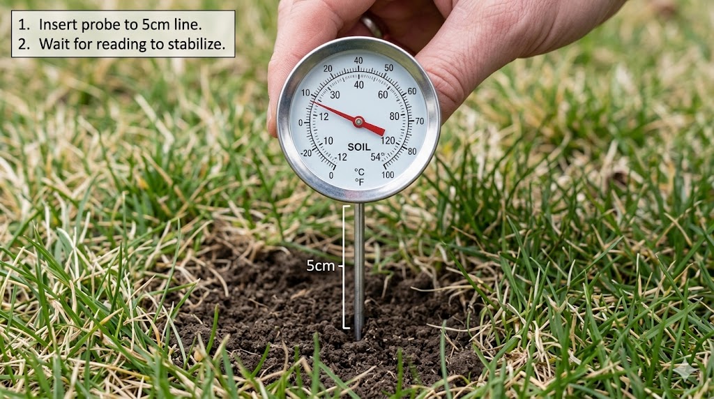 cross diagram of using a lawn thermometer to calculate soil temperature in Edmonton the spring. 