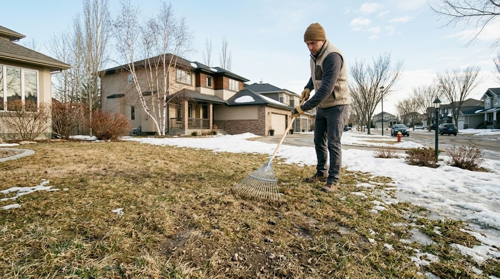 Edmonton homeowner raking leaves and debris from their lawn in the spring.