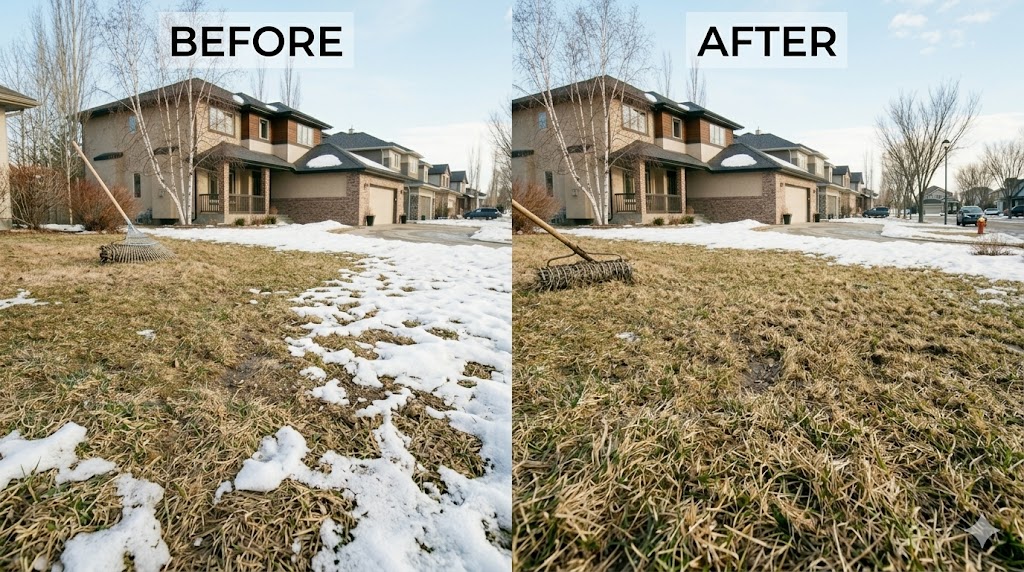 side-by-side before and after comparison of an Edmonton lawn after it has been raked in the spring.
