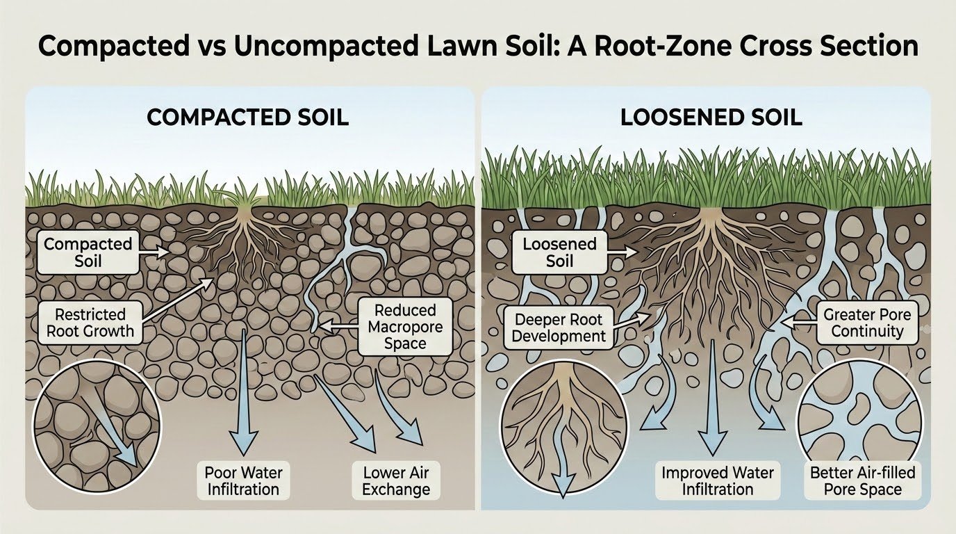 Compacted soil vs loosened soil infographic showing root depth, pore space, and water infiltration in an Edmonton lawn.