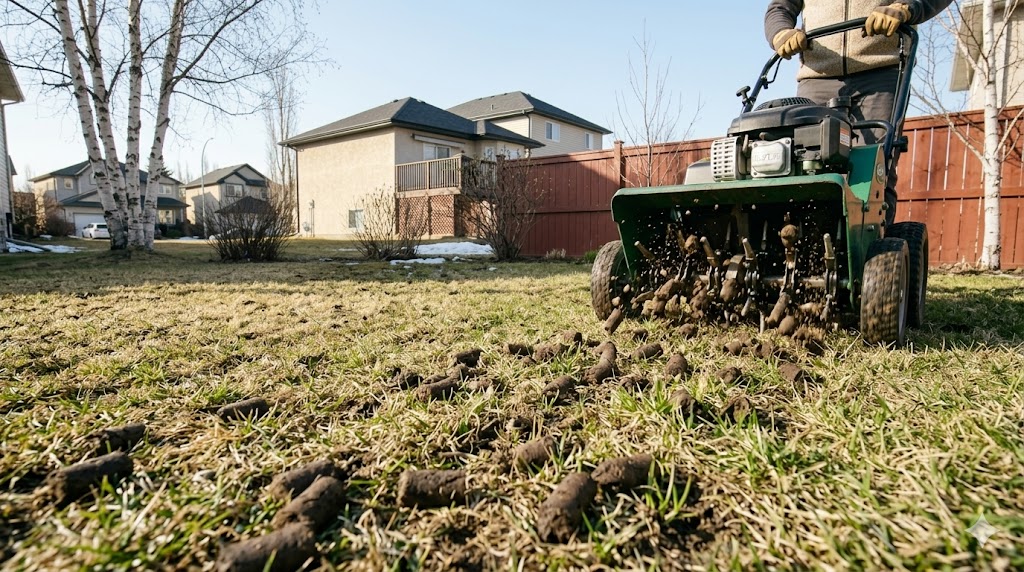 Aerator and freshly aerated lawn in Edmonton spring.