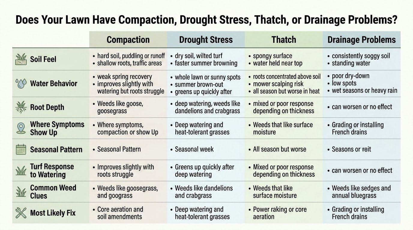 How to diagnose compacted soil in an Edmonton lawn compared with drought stress, thatch buildup, and drainage issues.