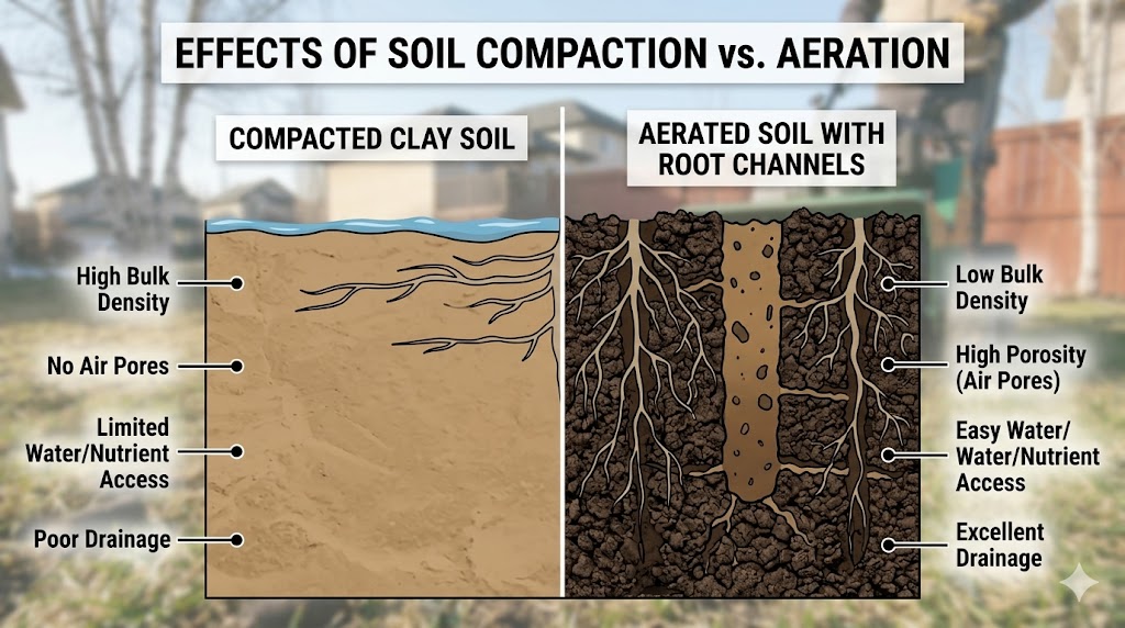 Cross diagram of the effects of soil compaction vs aeration in Alberta lawns and soil. 