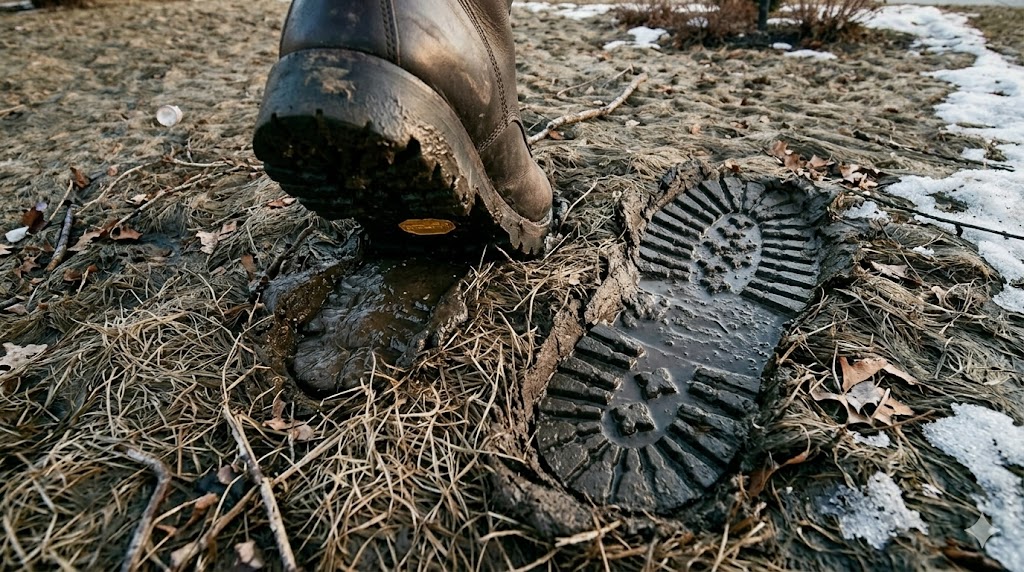 Edmonton homeowner preforming the "heel test" to their soil in the spring time.