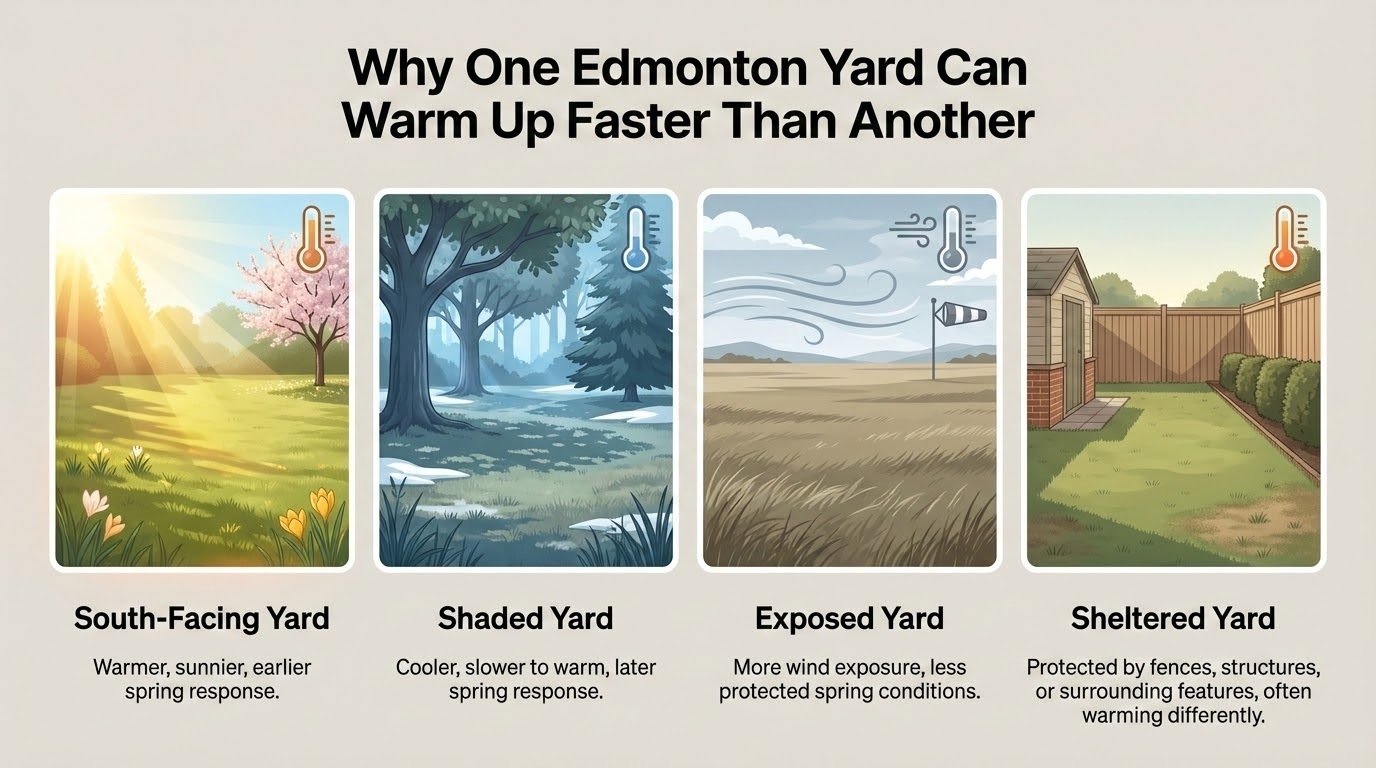 Four-panel infographic comparing south-facing, shaded, exposed, and sheltered Edmonton yards to show why some properties warm faster than others in spring.