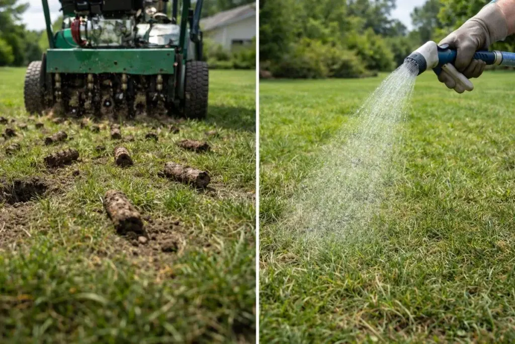 Image comparison of deep core aeration vs liquid aeration on Edmonton lawns